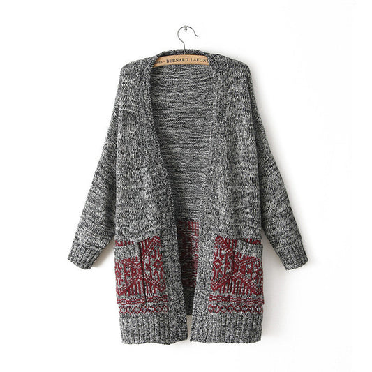 Cardigan Knit V-neck Long Loose 3/4 Sleeves Sweater