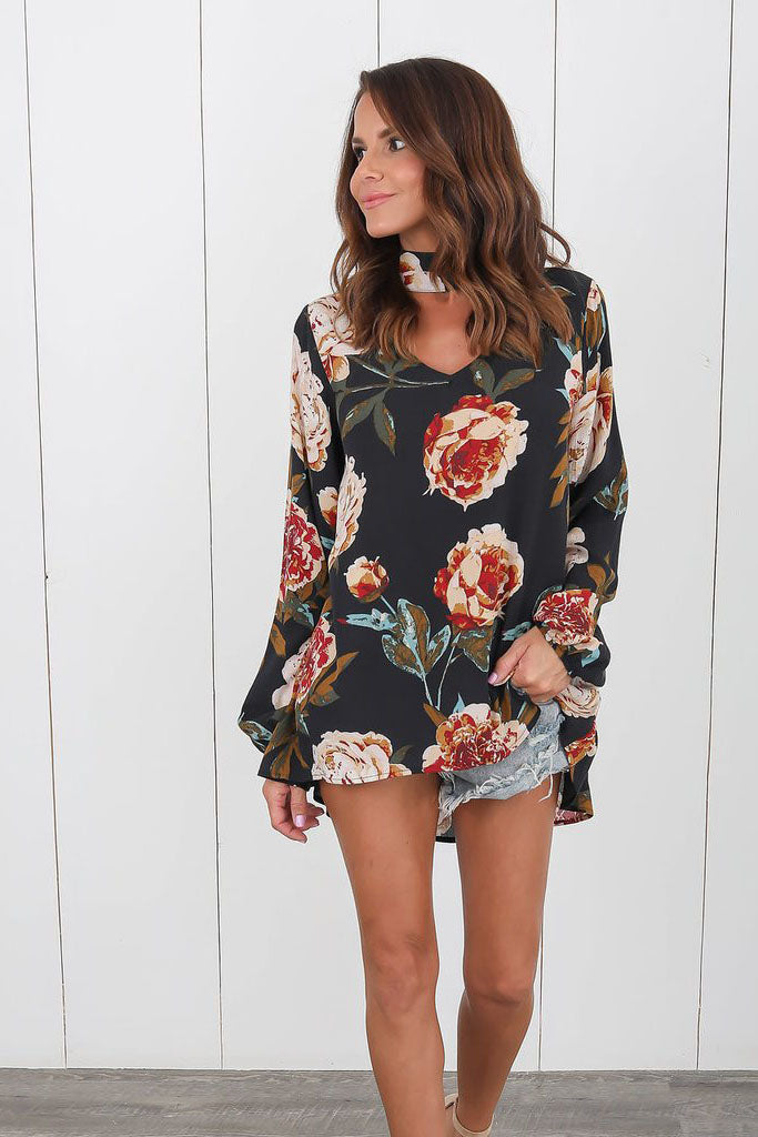 High Neck Cut Out Loose Flower Print Blouse