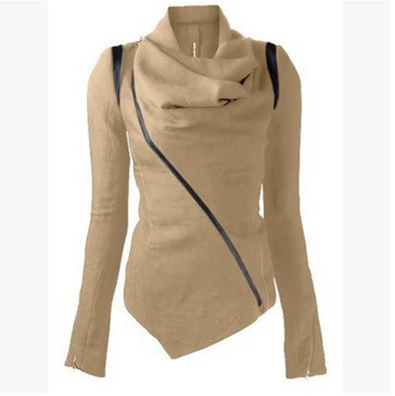Oblique Zipper Shawl Collar Solid Short Slim Coat - Meet Yours Fashion - 6