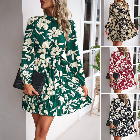 Vacation Leisure Long Sleeve Round Neck Pleated Short Printed Dress