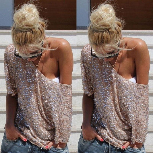Clearance 1/2 Sleeves Sequin Casual Loose Sexy Club Blouse