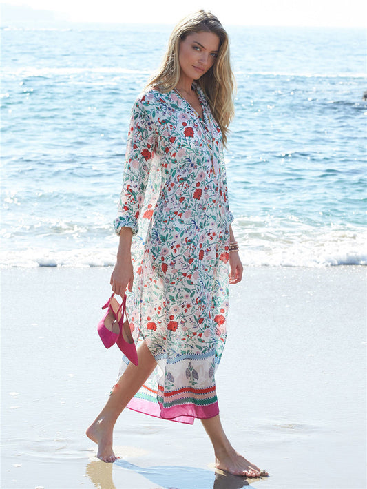 Chiffon Print Robe Style Beach Dress Large Holiday Dress Bikini Blouse