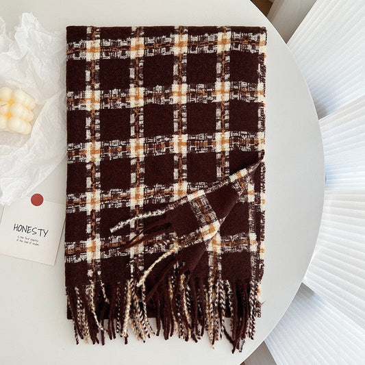 Imitated Cashmere Plaid Thickened Tassled Scarf