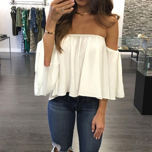 Clearence Sexy Off Shoulder Long Sleeve Chiffon Loose Blouse