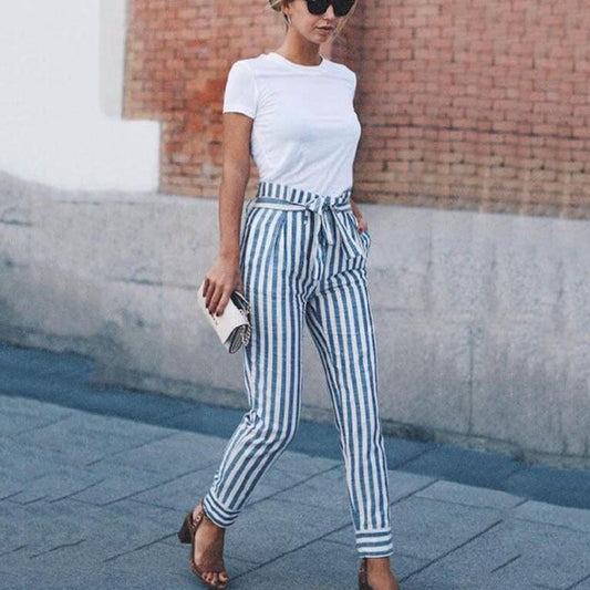 Free Shipping Clearance Striped Slim Strap Belt Long Skinny Casual Pants