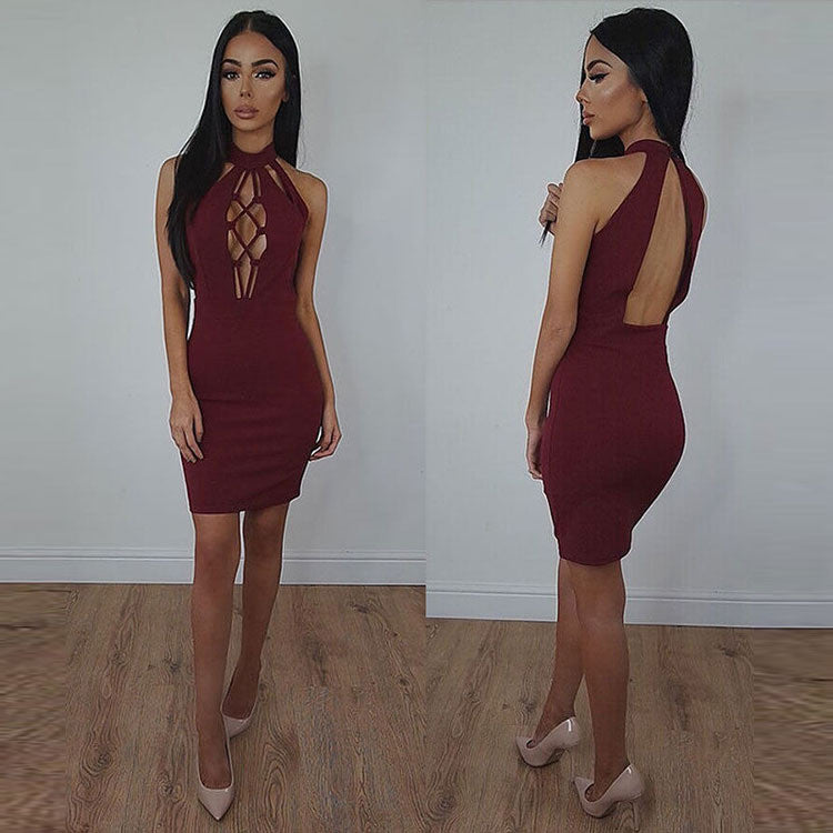 Pure Color High Neck Hollow Out Open Back Short Dress