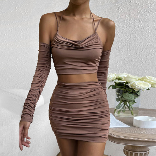 New Long Sleeve Halter Neck Crop Top and Bodycon Skirt Set