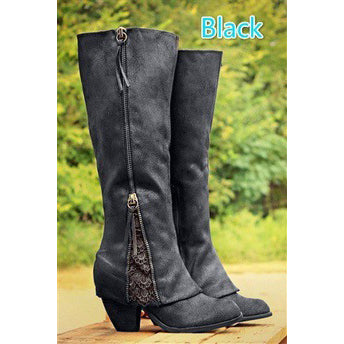 Lace PU Patchwork Side Zipper Chunky Low Heels Knee Boots