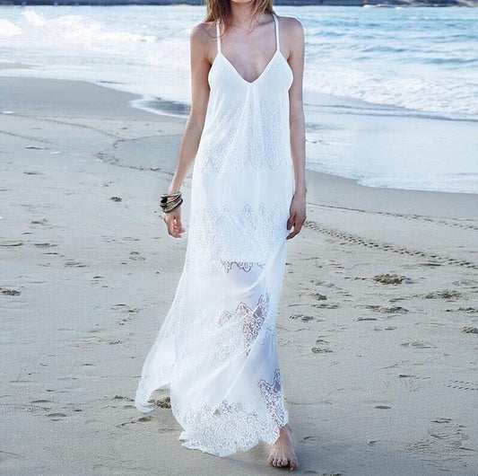 Lace V-Neck Stitching Condole Belt Sexy Beach Dress