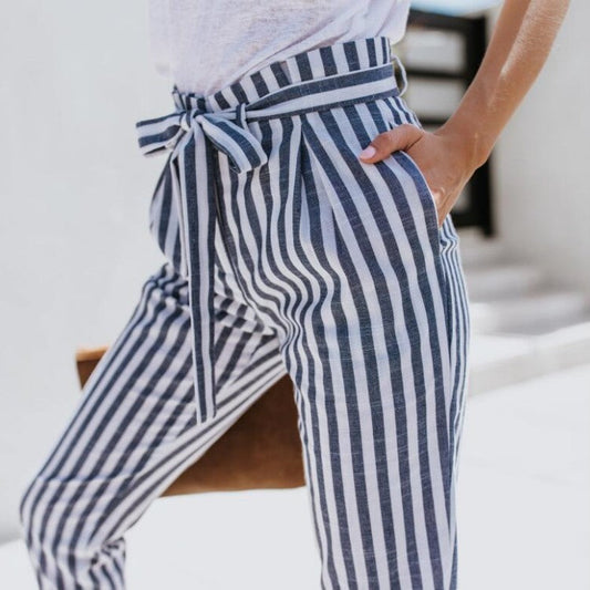 Free Shipping Clearance Striped Slim Strap Belt Long Skinny Casual Pants