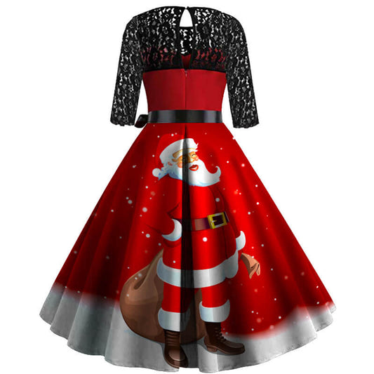 Cute Christmas Retro Lace Splice Santa Print Dress