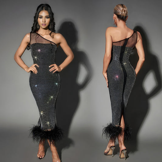 Fashionable Single-Shoulder Mesh Sequin Feather Bandage Dress