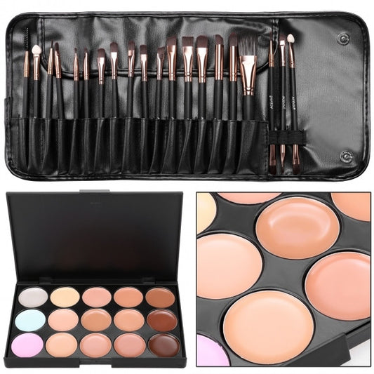 15 Colors Makeup Face Cream Concealer Palette + 20 PCS Powder Brushes + Carrying Bag