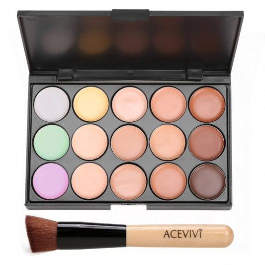 15 Colors Makeup Face Cream Concealer Palette + Powder Brush