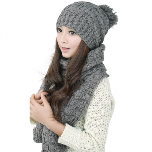 Women's Winter Knitted Scarf And Hat Set Thicken Knitting Skullcaps