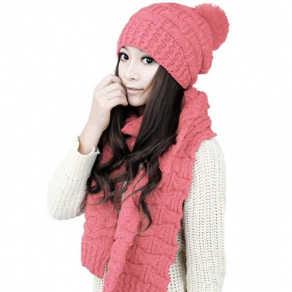Women's Winter Knitted Scarf And Hat Set Thicken Knitting Skullcaps