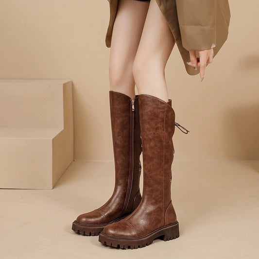 Over-the-Knee Brown V-Cut Soft Leather Thick Sole Riding Boots