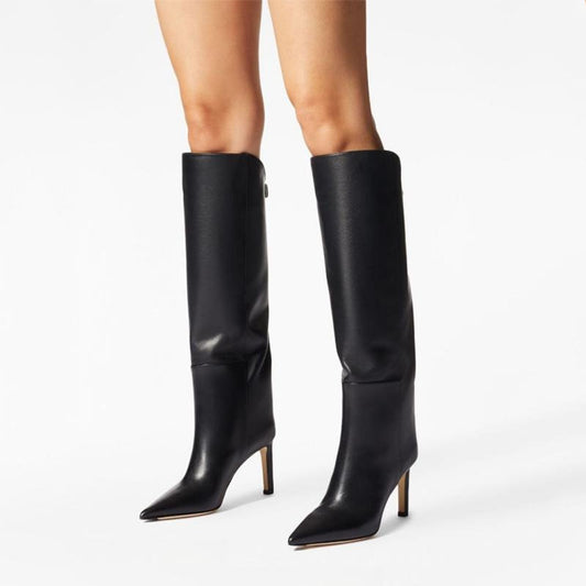 European and American Style Metal Buckle Spliced Stiletto Knee Boots