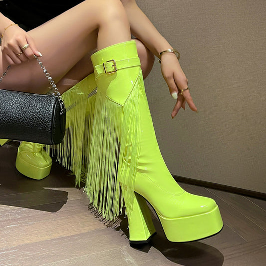 Lacquered Square-Toe Fringe Over-the-Knee Belt Buckle High Heels Boots
