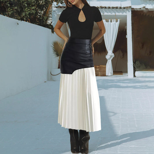 Mid-Length PU Leather Spliced Pleated Women's Color-Block Half Skirt