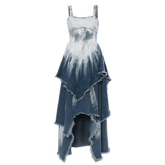 Printed Denim Sleeveless Vest Design Midi Dress