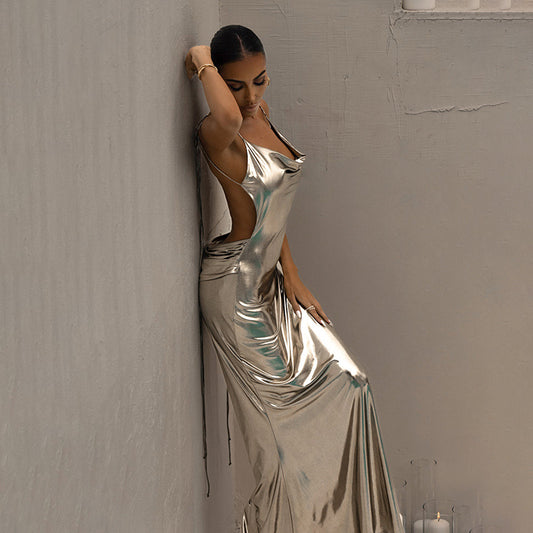 Sultry Backless Metallic Coating Party Dress