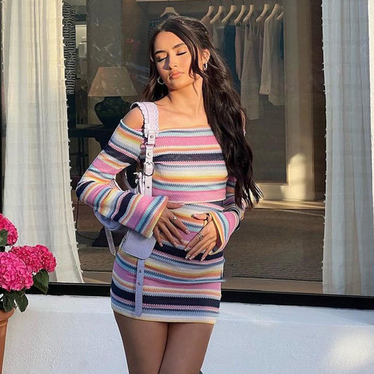 Sultry Contrast Striped Long Sleeve Bodycon Dress