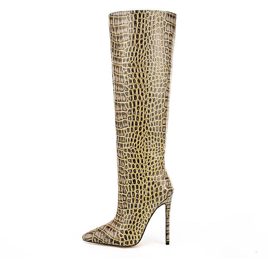 Stone Texture Lacquered Leather Pointed-Toe Stiletto Over-the-Knee Boots