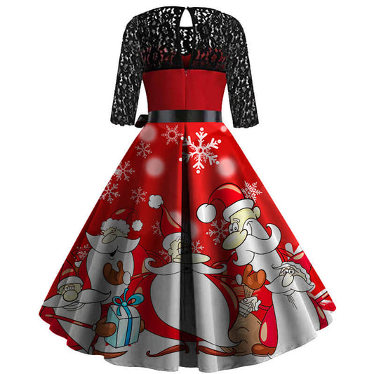 Christmas Retro Hollow Lace Splice Print Dress