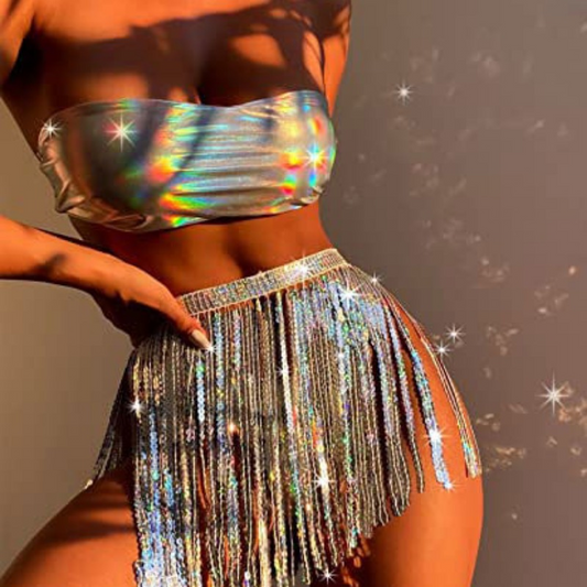 2023 European and American Three-Piece Bikini with Shiny Fabric, Sexy Fringe, and Separable Swimsuit