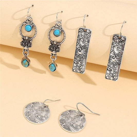 Retro Carved Turquoise Drop Earrings Set