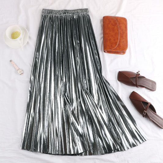 Korean Style Reflective Pleated Midi A-line Skirt
