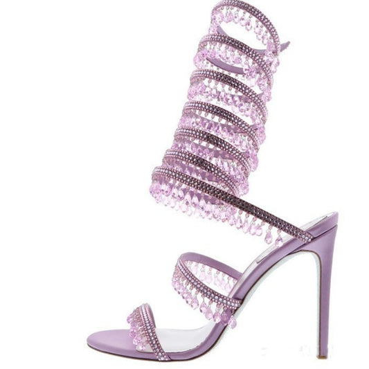 Gemstone-Adorned Wrap Around Ankle Strap Stiletto Sandals