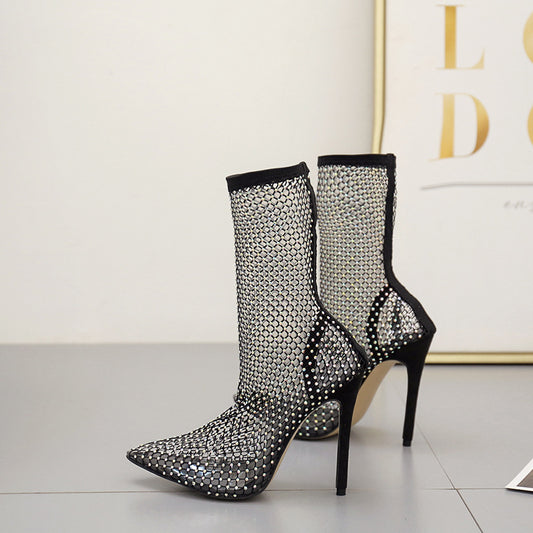 Versatile Breathable Mesh Fashion High Heel Ankle Boots