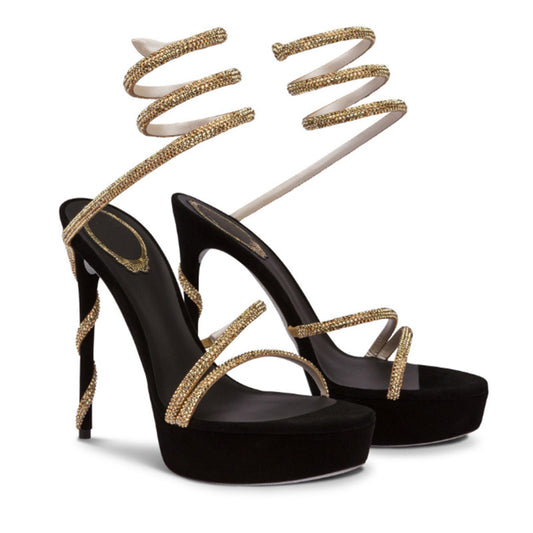 Aquatic Glamour Serpentine Straps Crystal-Embellished Stiletto Sandals