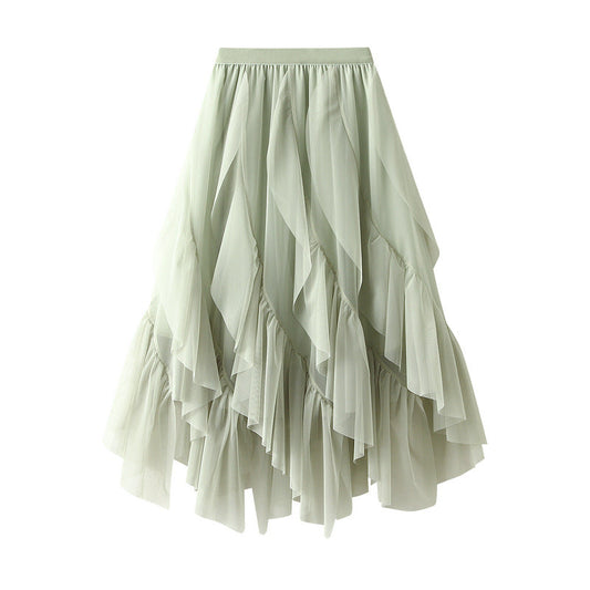 Elasticity Gauze Pleated Solid Color Split-Joint A-Line Loose Skirts