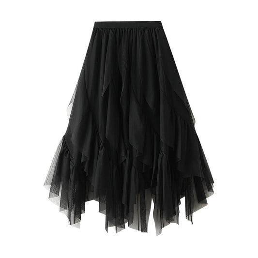 Elasticity Gauze Pleated Solid Color Split-Joint A-Line Loose Skirts
