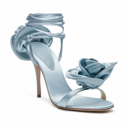 Cross-Tied Satin Rose Rounded Toes and Slim Heels Sandals