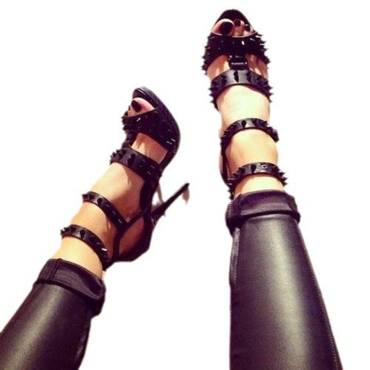 Seductive Pure Cowhide Texture and Rivets High Heel Sandals