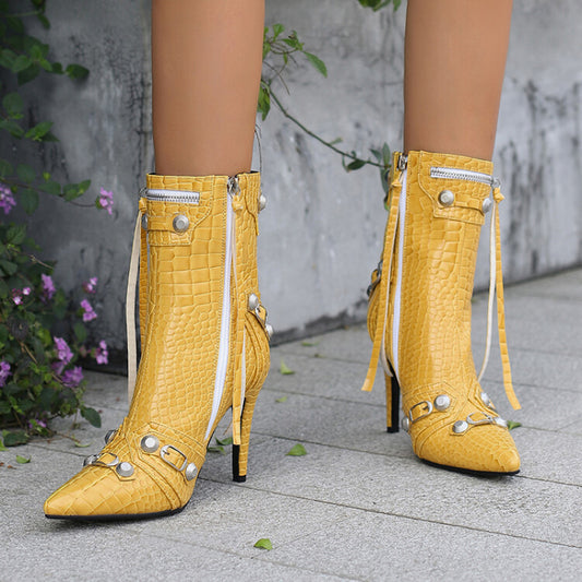Metallic Stone Pattern Fringed Short Slim High Heels Boots