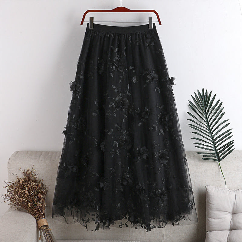 Double layer Skirt|Mesh Skirt|Embroidered floral Skirt