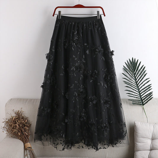 Double Layer Mesh Embroidered Floral Midi Skirt