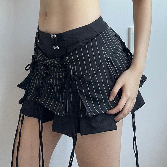 Retro Tie-Waist Pleated Low Waist Mini Skirt