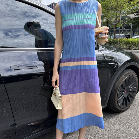 Pleated Color Block Sleeveless Striped Maxi Dress