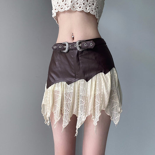 Sexy Lace Irregular PU Leather Skirt