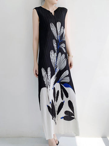 Vintage Dress | Floral maxi Dress | Pleated design Dress | Sleeveless  Dresses | Print Dress