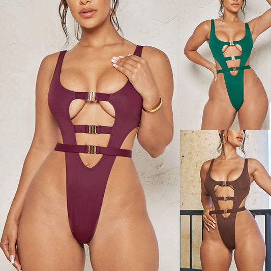 Sensually Strapped Multicolored Cut-Out Bodysuit Swimwear
