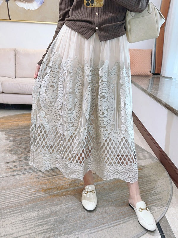 Design mesh Skirt|Embroidery Skirt|Hollow-out floral netting Skirt