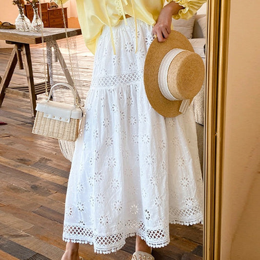 Hollow-out Embroidered French Swing Skirt