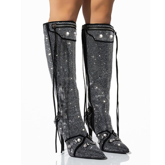 Pointed Toe Stiletto Heel Side Zipper Rivet Buckle Over-the-Knee Boots